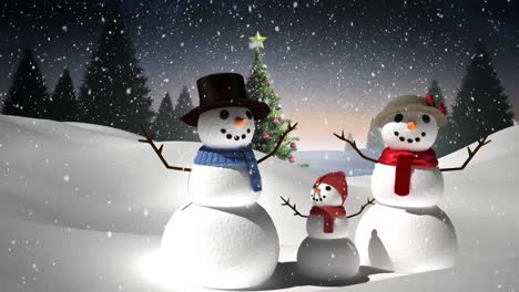 animation of winter scenery with three happy snowmen