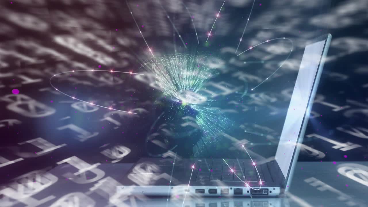 Right hand typing, projecting glowing numeric glyphs over laptop, visualizing data flow vortex