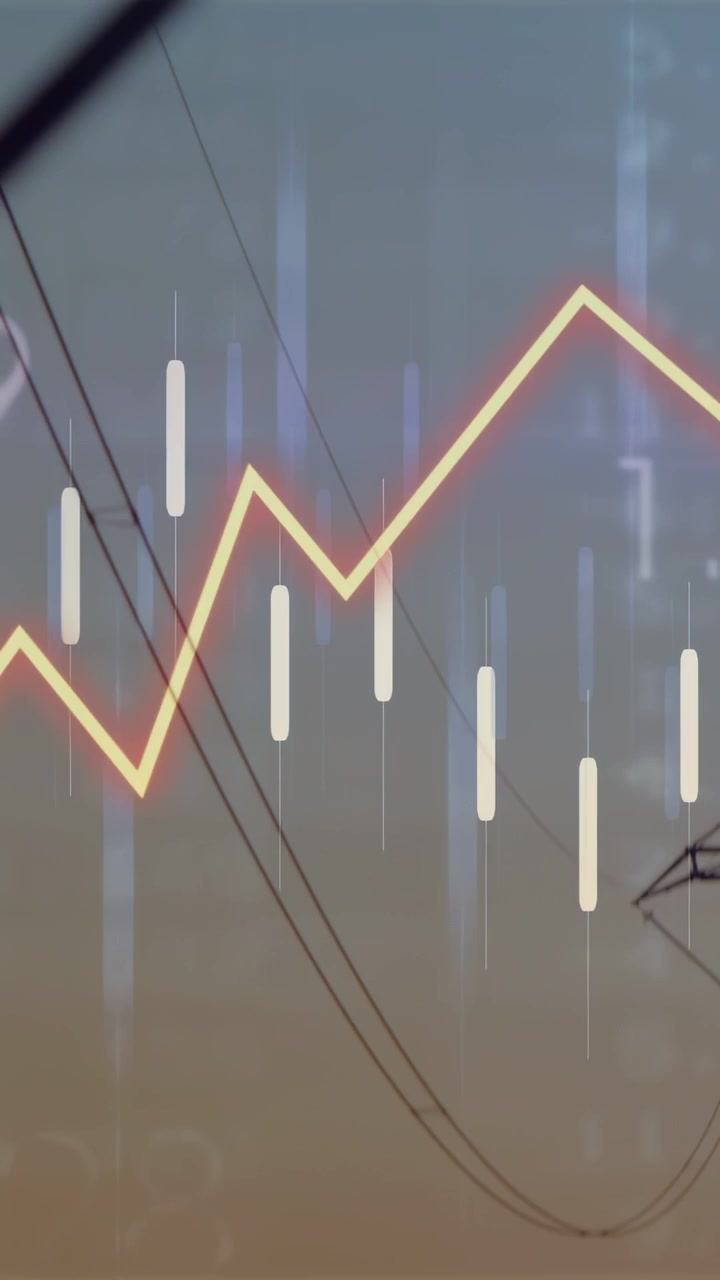 Vertical video: Camera pulling back, tower coming clear, bars and orange line showing energy trends