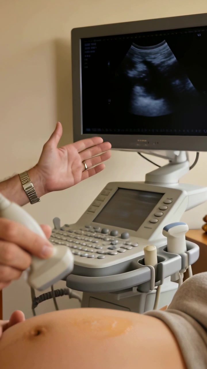Vertical video: Pressing probe tech scanning abdomen with top up at clinic for fetal exam on screen
