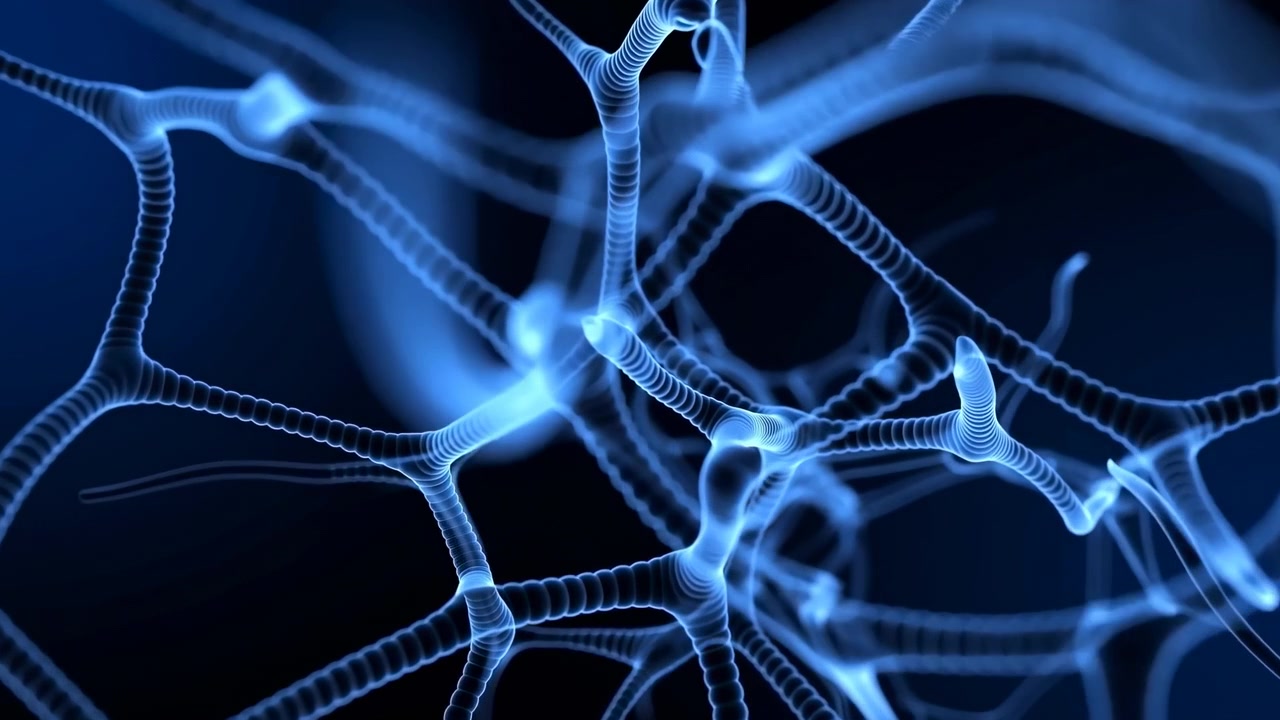 Luminous blue mesh lines and connected nodes form a flowing abstract web against a dark background, suggesting digital communication, intelligent data