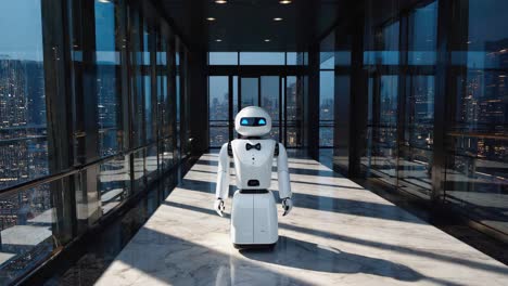 a sleek white robot stands in a modern building hallway overlooking a glowing city at night