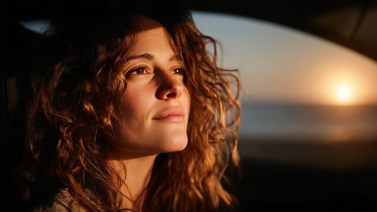 A Serene Moment of Reflection: Capturing the Essence of Tranquility and Beauty with a Woman Enjoying a Sunset through a Car Window