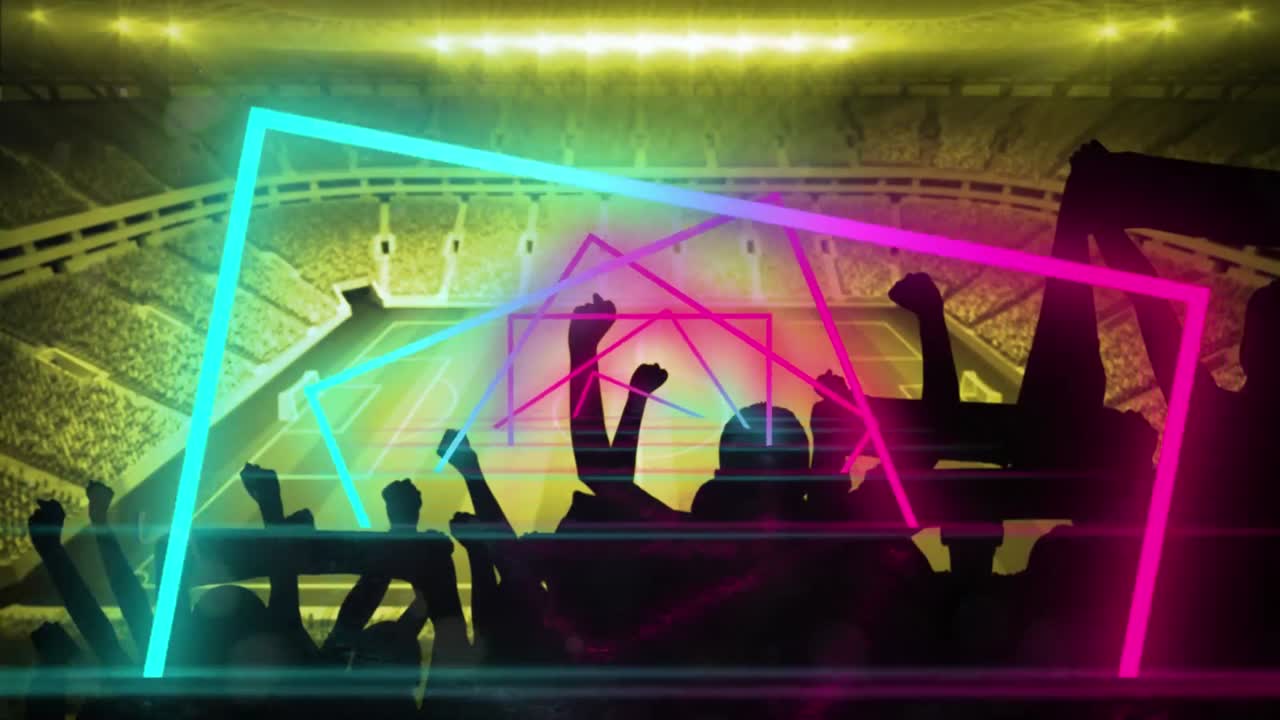 운동하는 모양과 사람들이 경기장을 지지하는 애니메이션