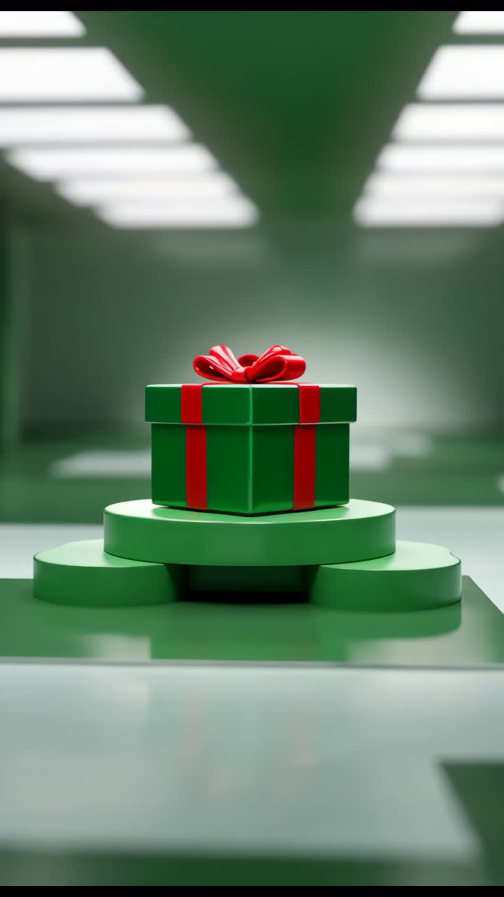 Green Gift Box with Red Ribbon on Pedestal in Abstract Studio