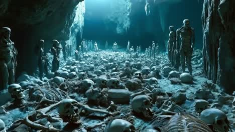 a large group of skeletons in a cave filled with skulls