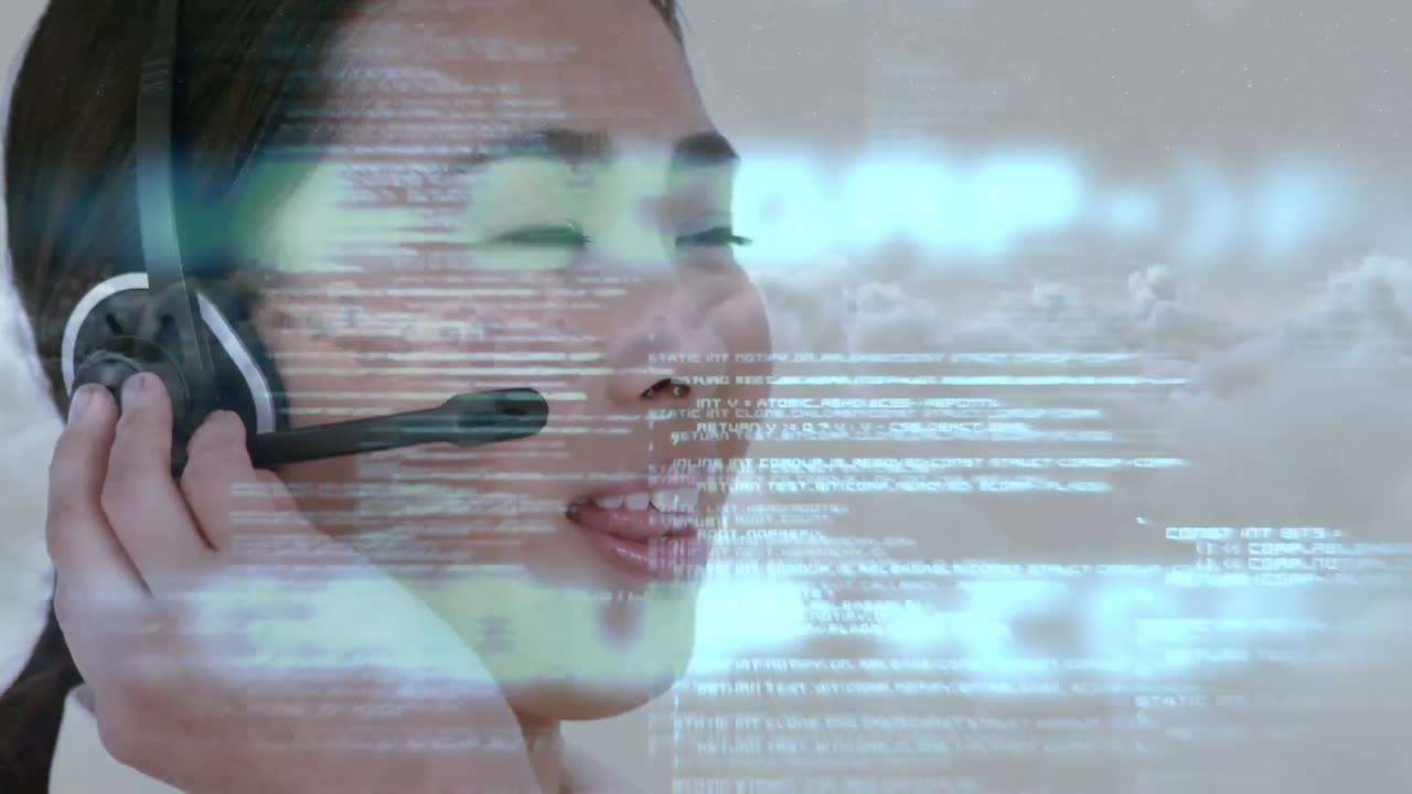 Animation of data processing over smiling businessman wearing vr headset
