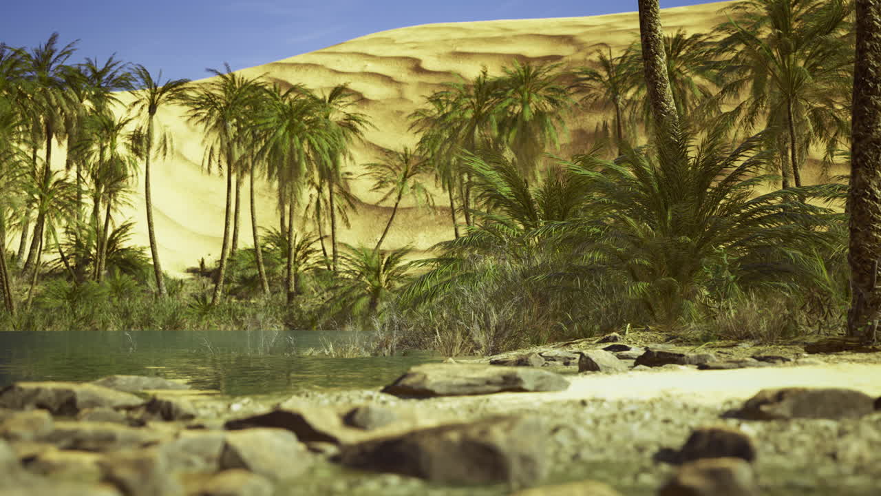 Desert oasis with palm trees and shimmering water under sunny sky