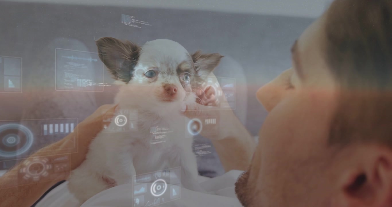 Homem deitado segurando um filhote de cachorro, coçando o queixo, fazendo painéis HUD crescerem e mostrando estatísticas de saúde do animal de estimação.
