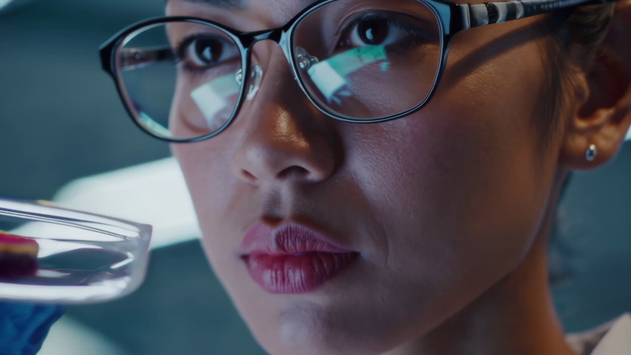 Close-up of a female scientist in glasses examining samples in a laboratory