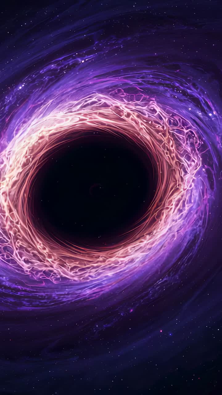 Vertical video: Glowing braided ring spinning around black void, pulling specks inward in space