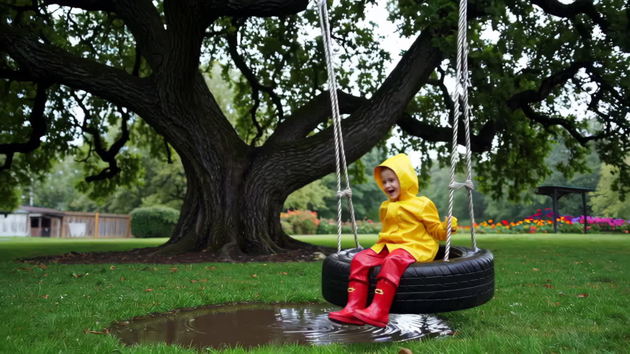 A child in a yellow raincoat and red boots playing on a tire swing over a puddle