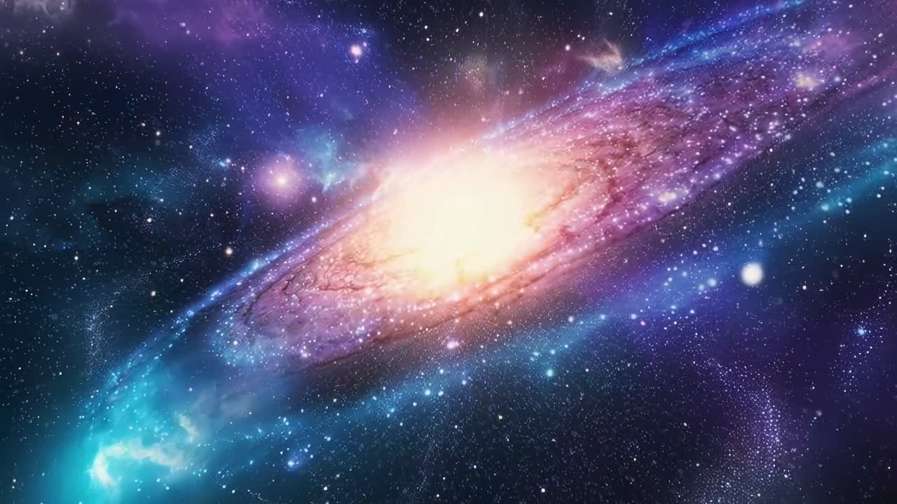 Una scena video cosmica di una galassia vibrante da una prospettiva grandangolare, che mostra stelle vorticose.