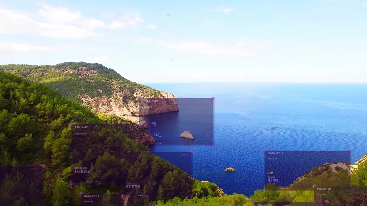 Coastal landscape showing data overlay activating, panels rising and shifting, displaying metrics
