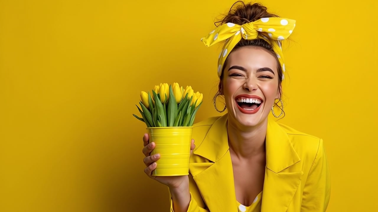 Jovem mulher feliz com roupa amarela segurando um balde de tulipas amarelas contra um fundo amarelo