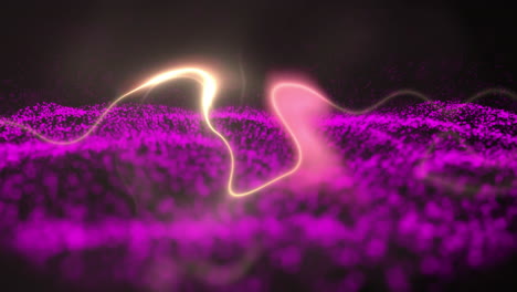 digital animation of glowing lines and pink spots on a brown mesh background.