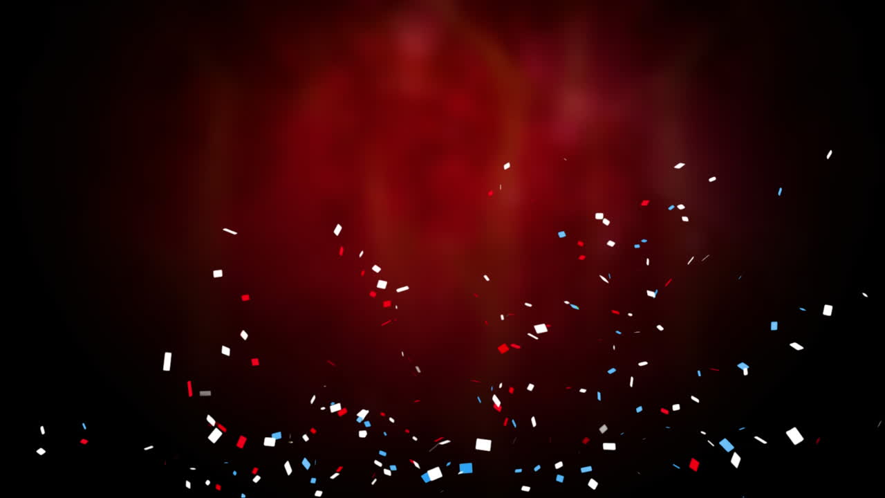 Animation de confettis multicolores tombant sur un fond rouge lumineux