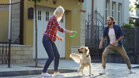 Junger-Mann-Und-Frau,-Die-An-Einem-Sonnigen-Tag-Mit-Einem-Labrador-Hund-Auf-Der-Straße-Spielen-1