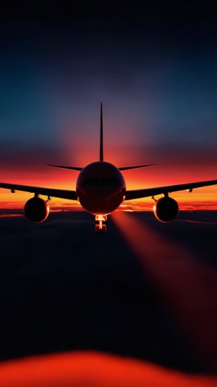 Un maestoso aereo di linea si libra attraverso un tramonto mozzafiato, illuminando il cielo con tonalità calde sopra un mare di nuvole, creando un'esperienza visiva incantevole