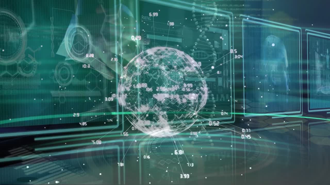 Animation of globe and caucasian businessman over data processing
