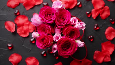 pink roses bouquet packed in red box and placed on black stone background