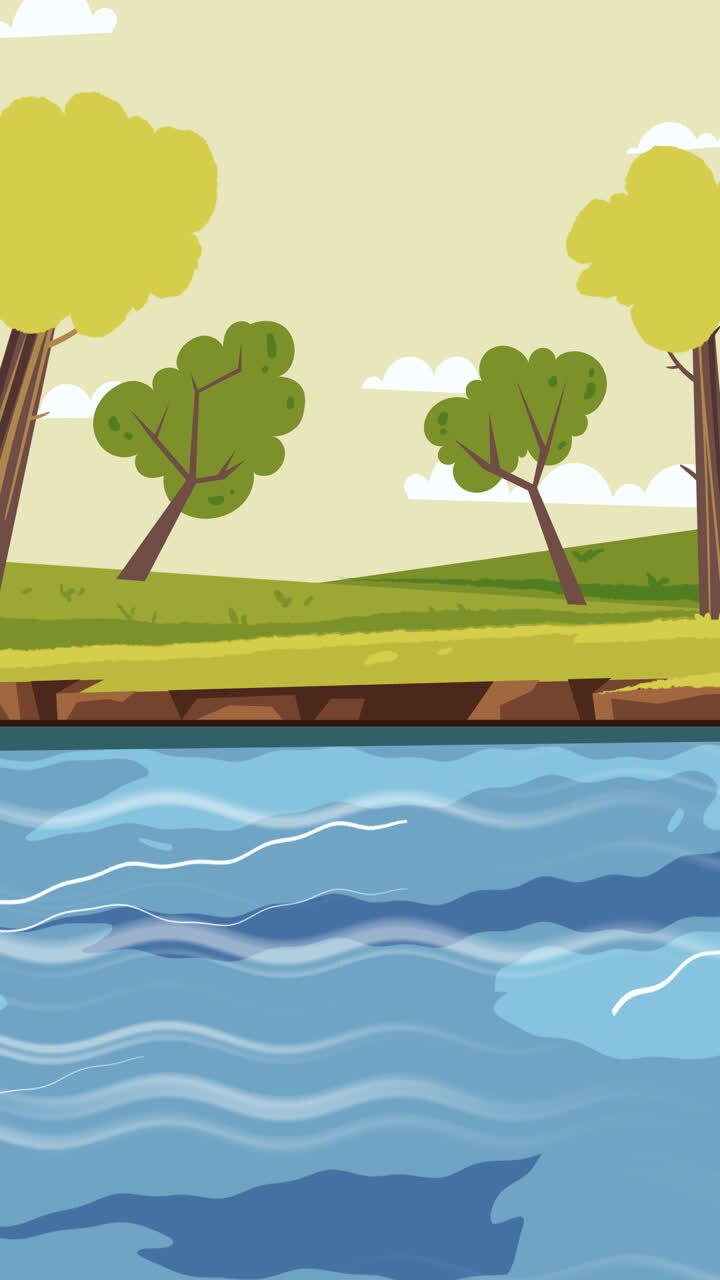 An animation of a Hand drawn flat design lake scenery