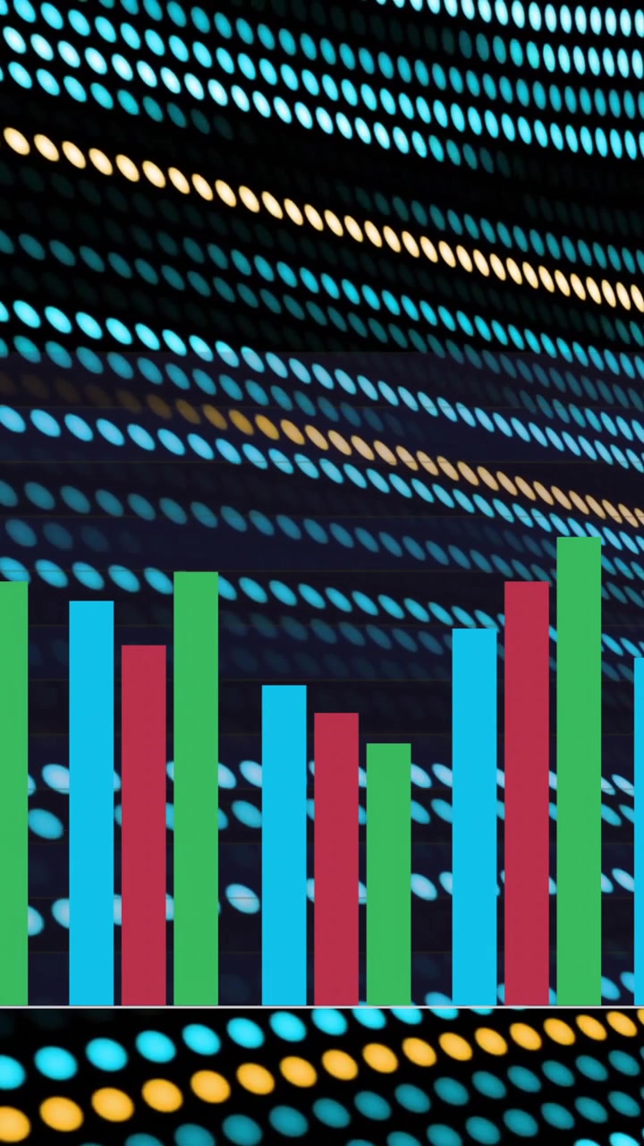 Bar chart animation over colorful dots forming wavy patterns