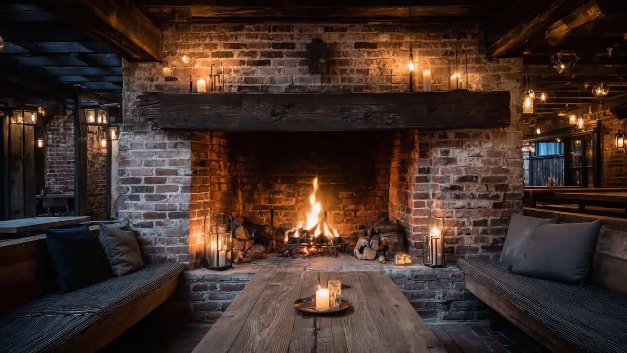 Atmosfera calda e invitante di un caminetto rustico, circondato dal caldo bagliore delle candele e da decorazioni vintage in un ambiente affascinante.