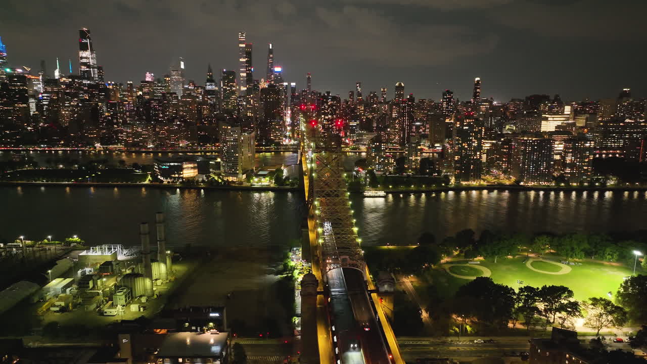 Queensboro Bridge In New York City At Night - Aerial Shot