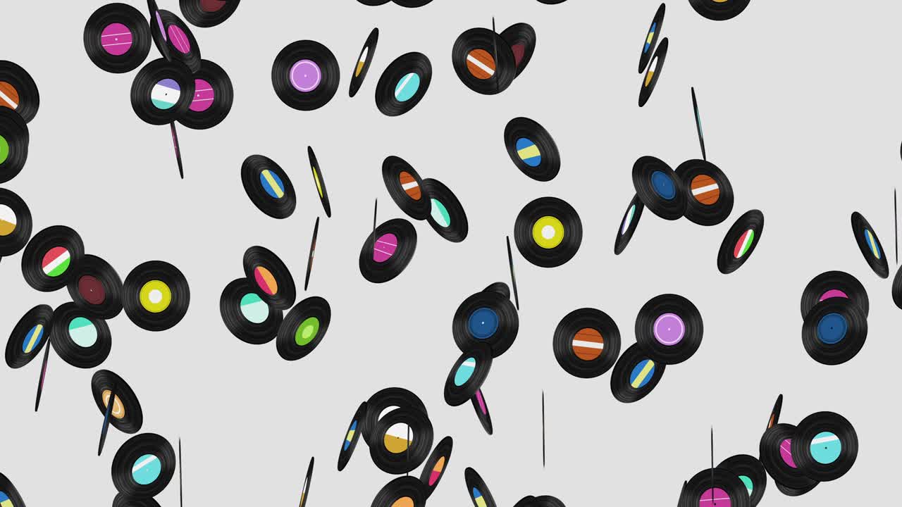 색 배경에 많은 비닐 레코드를 날아. 오래된 기술. 레트로 디자인. 음악 레코드 회전의 3d 애니메이션. 루프 애니메이션.