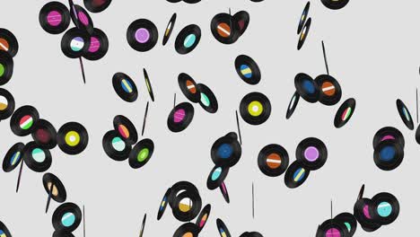 flying many vinyl records on white background. old technology. retro design. 3d animation of music record rotating. loop animation.