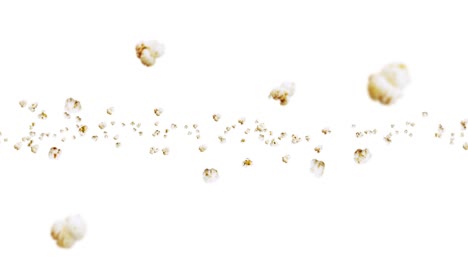 flying many popcorns on white background. white salty popcorn. healthy food. corn seed. 3d loop animation of popcorn rotating.