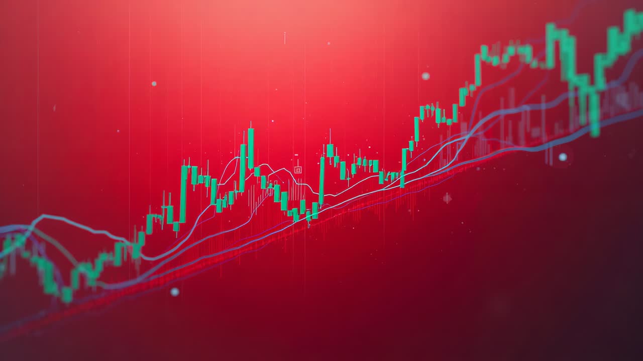 Showing candlestick chart accelerating after breakout on red canvas, with moving averages