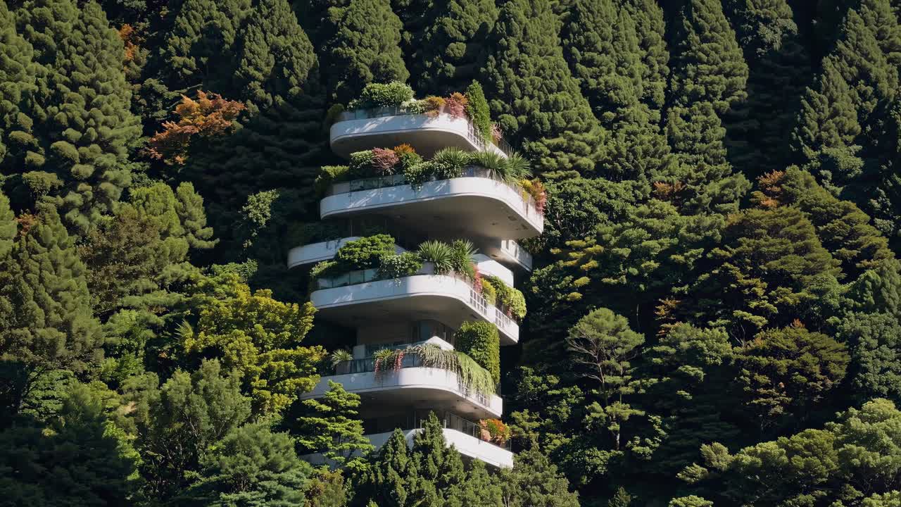 Innovative green architecture seamlessly blends with nature. Showcasing a futuristic eco friendly tower rising amidst a dense. Vibrant forest. Promoting sustainable living and harmonious coexistence