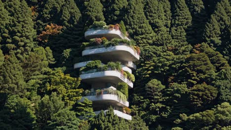 innovative green architecture seamlessly blends with nature. showcasing a futuristic eco friendly tower rising amidst a dense. vibrant forest. promoting sustainable living and harmonious coexistence