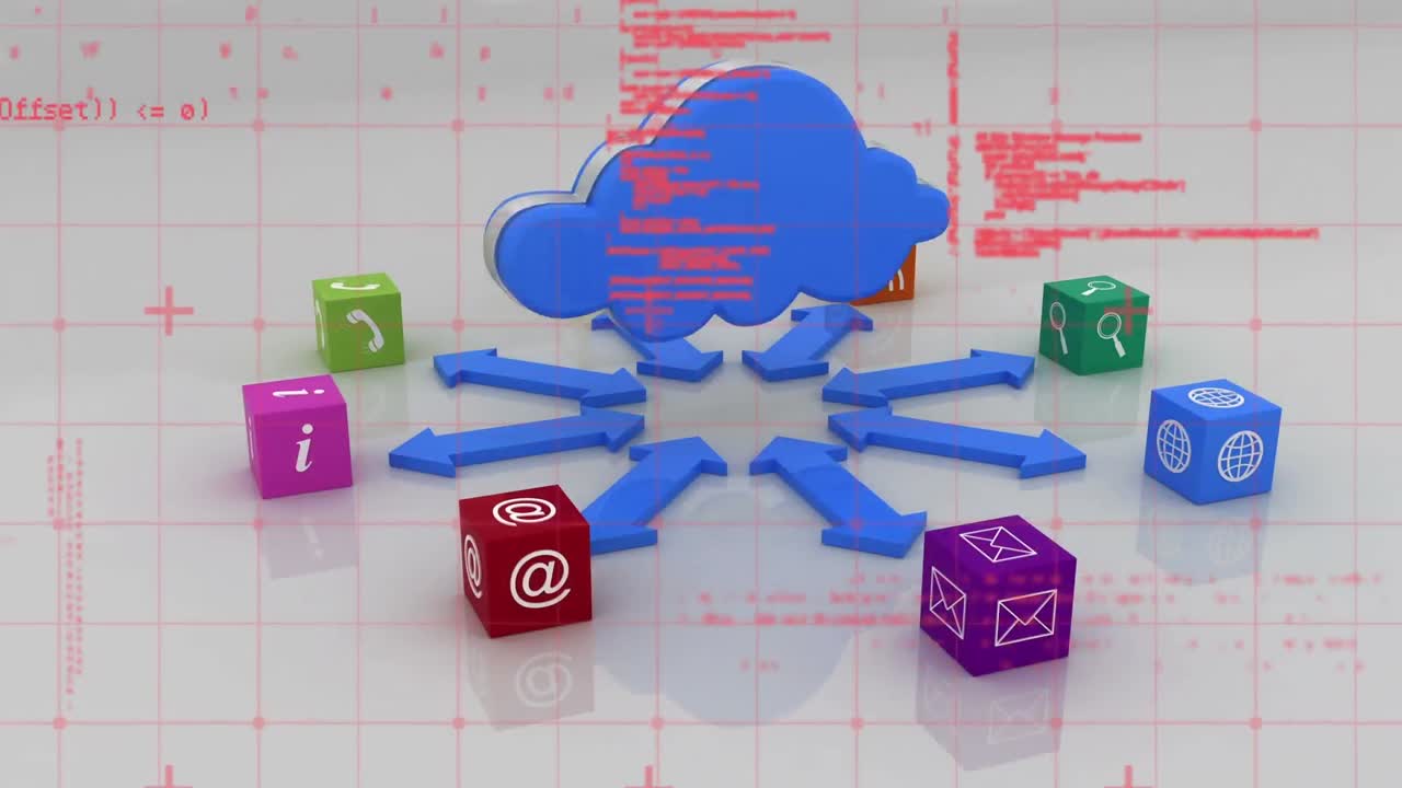 Animation of blue cloud with digital icons, arrows and data processing
