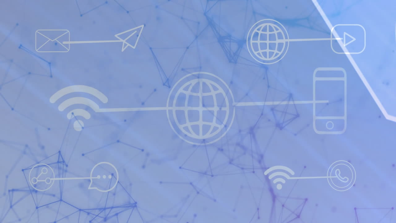 Animation of network connectivity symbols over abstract blue geometric background