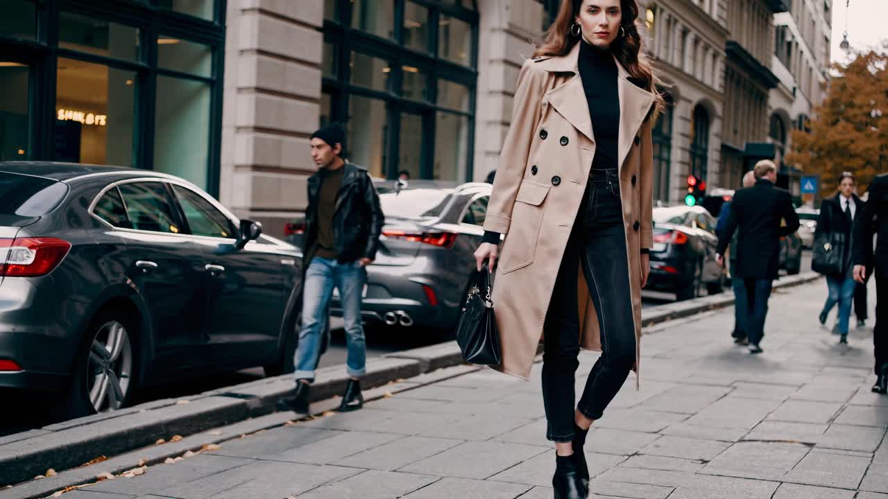 Un video street style cattura una donna che indossa un trench e cammina con sicurezza
