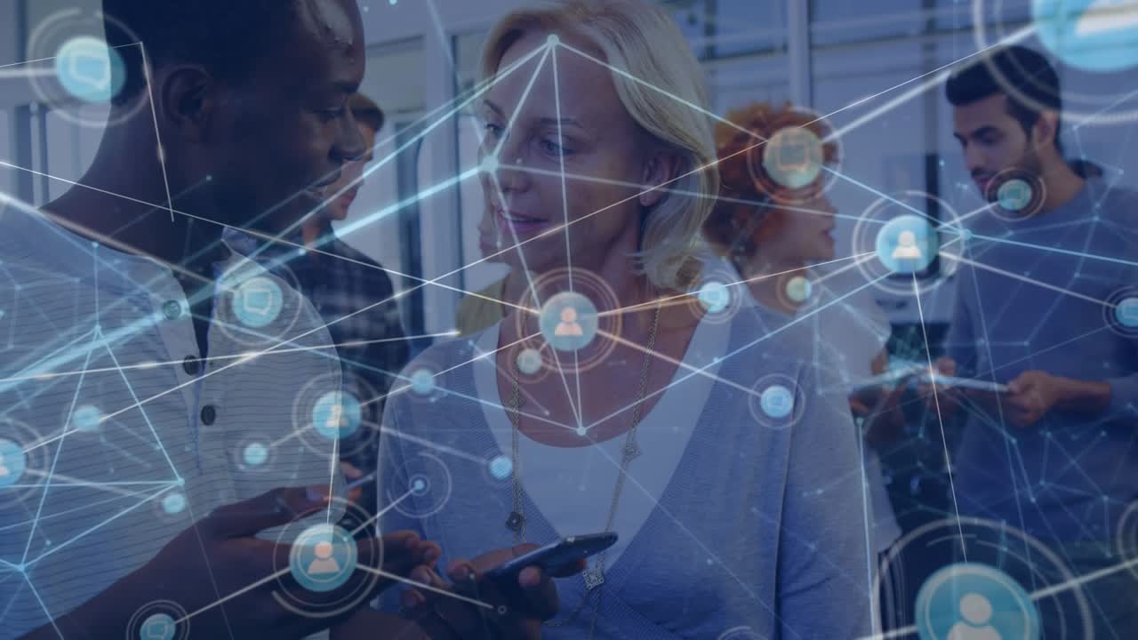 Animation of connections over happy diverse female and male coworkers in office