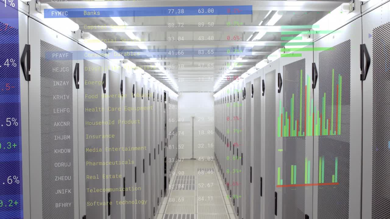 Animation of statistics, stock market and financial data processing over computer servers