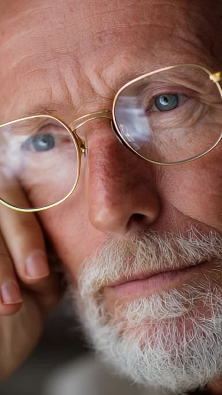 Close-Up Portrait of a Thoughtful Elderly Man with Glasses, Reflecting Deep Emotions and Life Experiences Through His Intense Blue Eyes and Gentle Expression