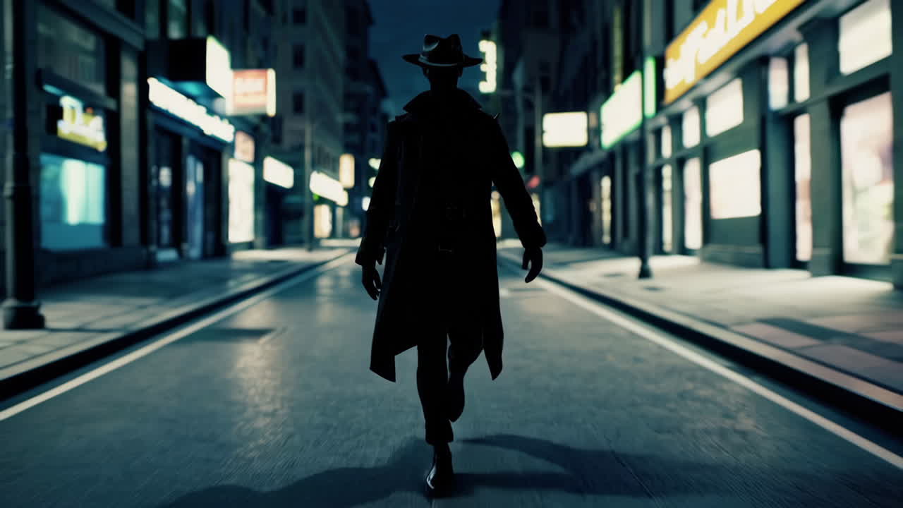 Mysterious Figure Walking Down a City Street at Night