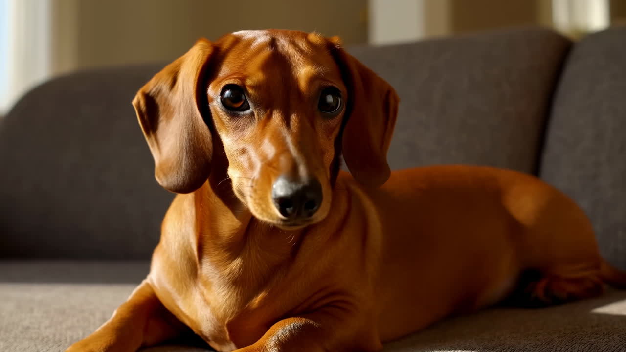 Güneş ışığında kanepede uzanan Dachshund, sıcak ve yumuşak ışık, anlamlı kahverengi gözler, rahat poz, yakın kadraj.