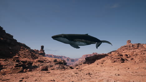 a whale flying over a desert canyon