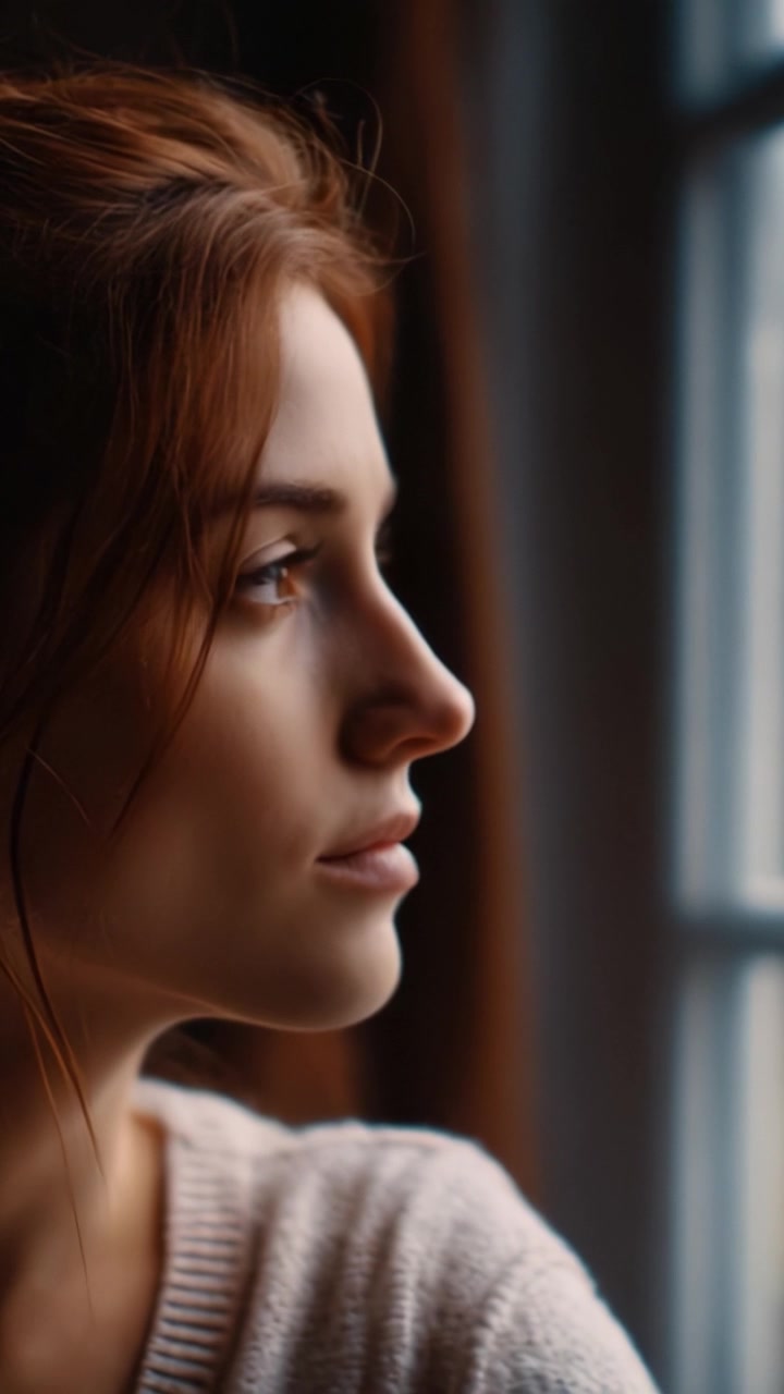 Vista di profilo di una giovane donna pensierosa che guarda attraverso una finestra, catturando un momento introspettivo di contemplazione e serenità in una luce naturale soffusa.