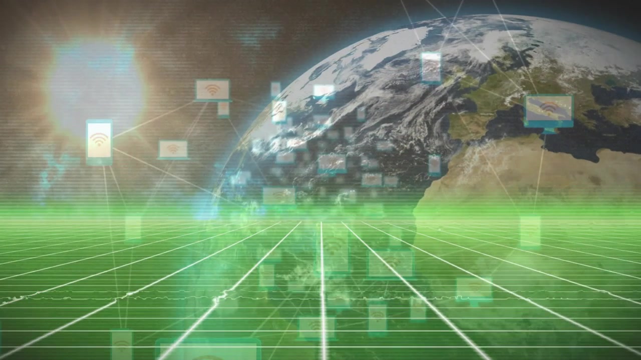 first frame starting grid spanning edge rising blocks screens linking forming network around Earth