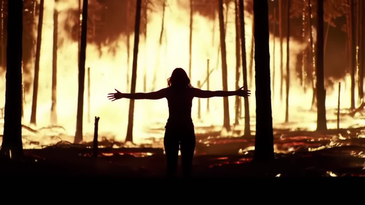 Woman Stands With Arms Wide Open in Front of a Raging Forest Fire at Dusk Near a Forested Area