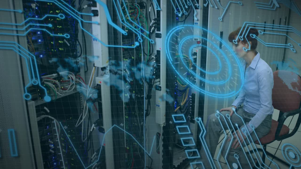Animation of scope scanning and data processing over caucasian it woman computer server