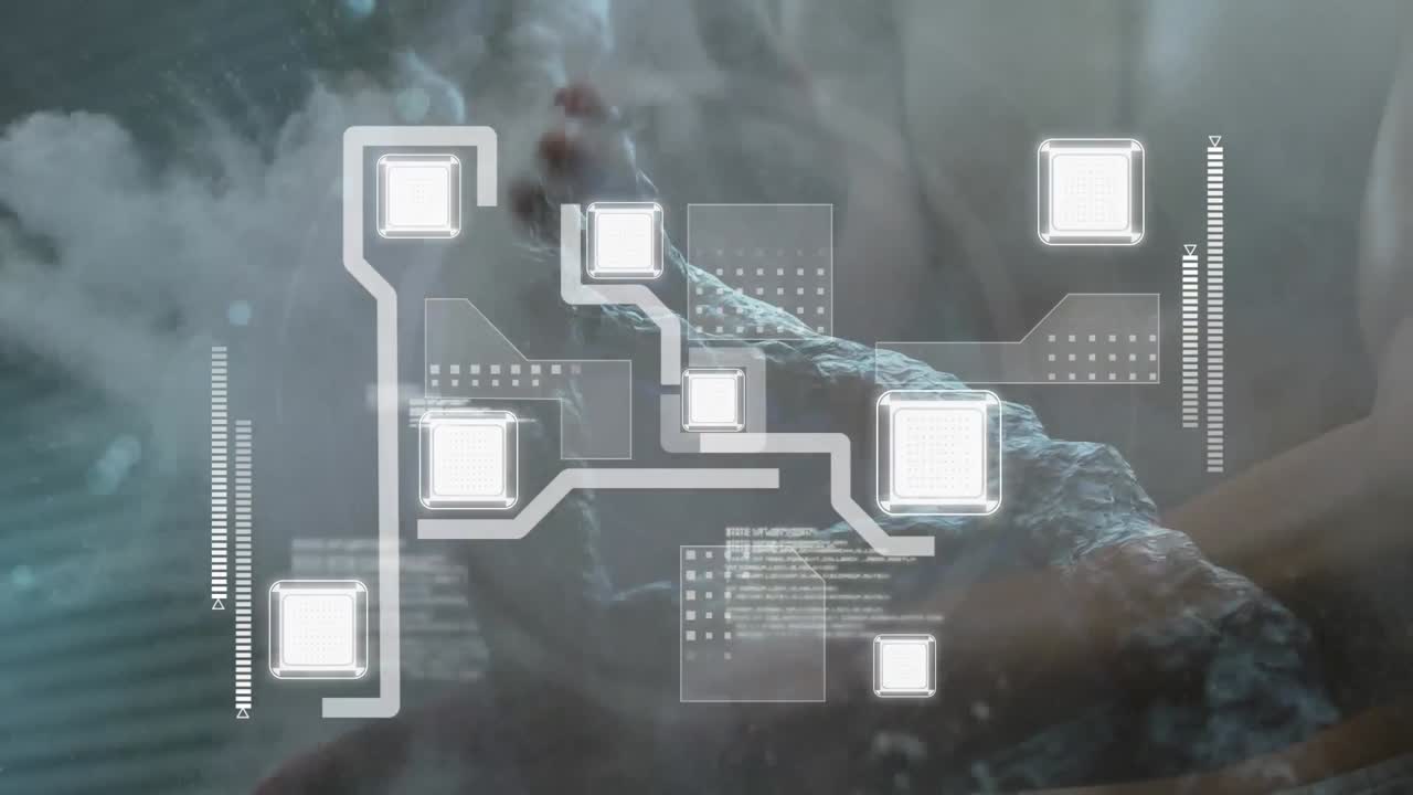 Animation of computer circuit board over dna strand and caucasian man on black background