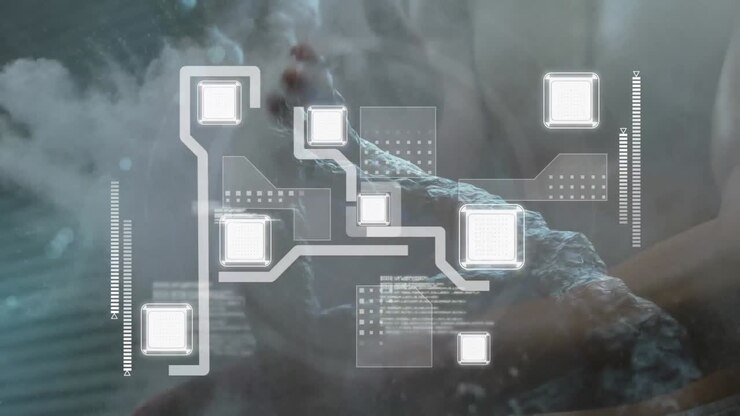 Animation of computer circuit board over dna strand and caucasian man on black background